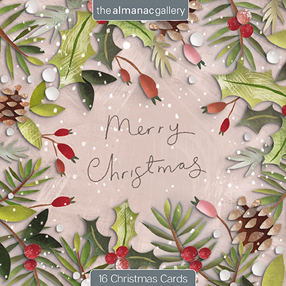 Boxed Card Park of 16 (2 designs)-Wreath & Holly and Pinecones